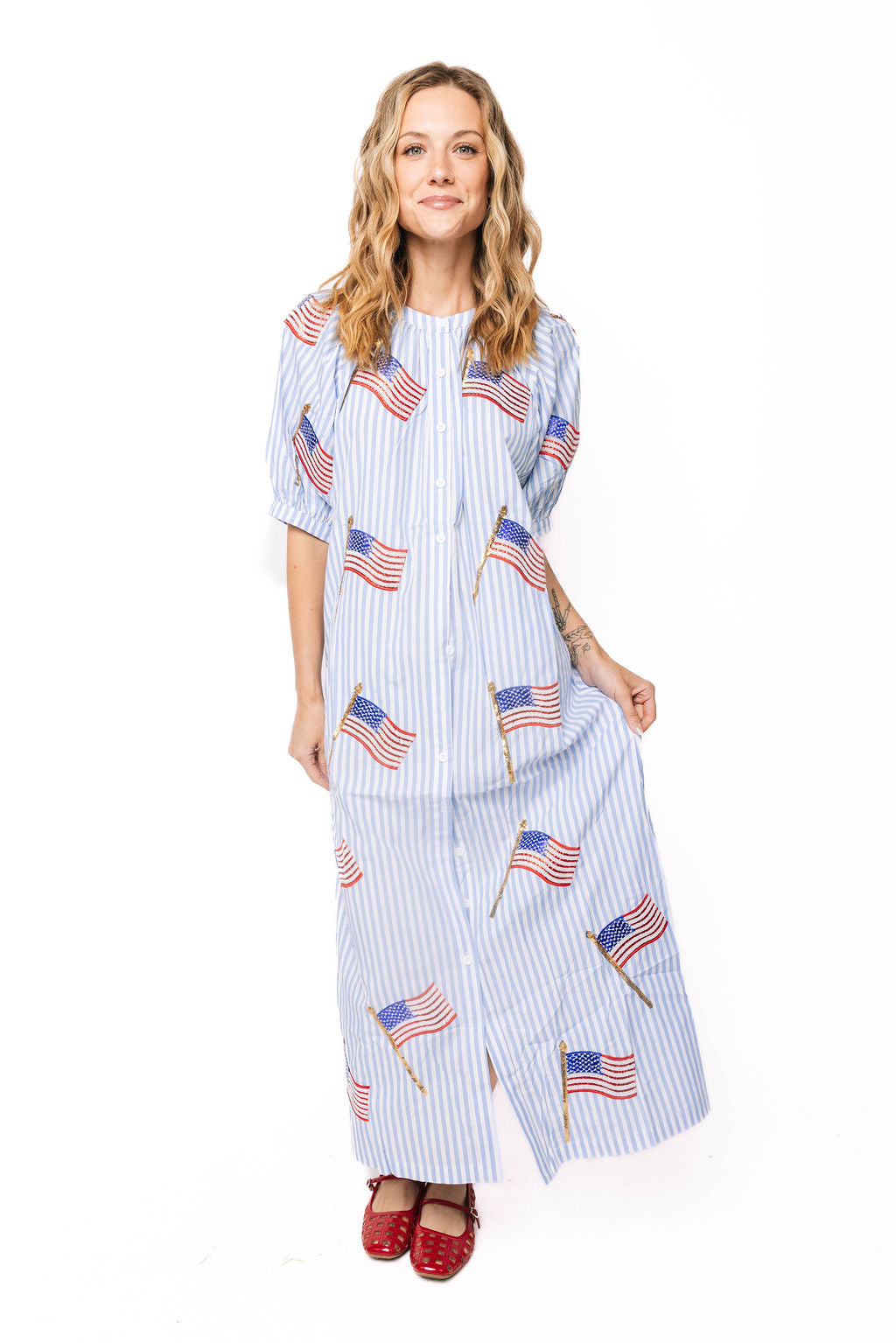 Light Blue & White Striped American Flag Cotton Button Up Midi Dress Queen of Sparkles Light Blue & White Striped American Flag Cotton Button Up Midi Dress Queen of Sparkles