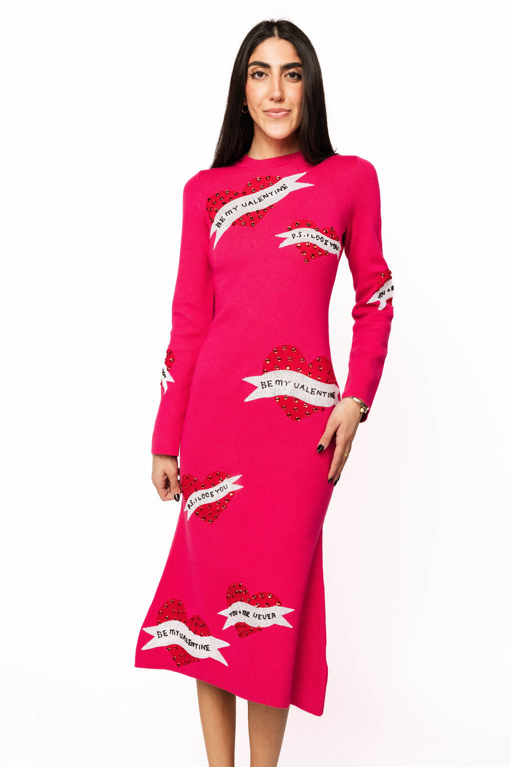 Hot Pink Jeweled Valentines Day Saying on Heart Knit Midi Dress XS / PRSP2615 Hot Pink Jeweled Valentines Day Saying on Heart Knit Midi Dress XS / PRSP2615