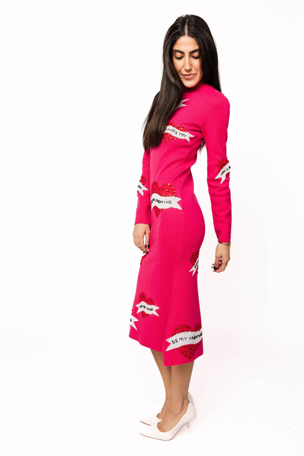 Hot Pink Jeweled Valentines Day Saying on Heart Knit Midi Dress XS / PRSP2615 Hot Pink Jeweled Valentines Day Saying on Heart Knit Midi Dress XS / PRSP2615