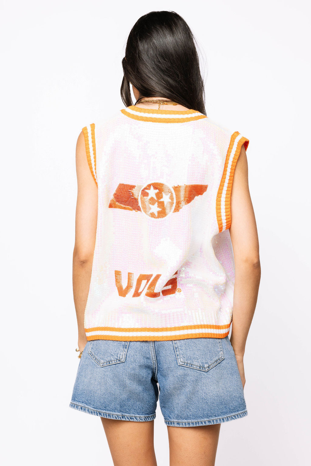 Licensed- White & Orange Tenn Full Sequin Button Up Sweater Vest