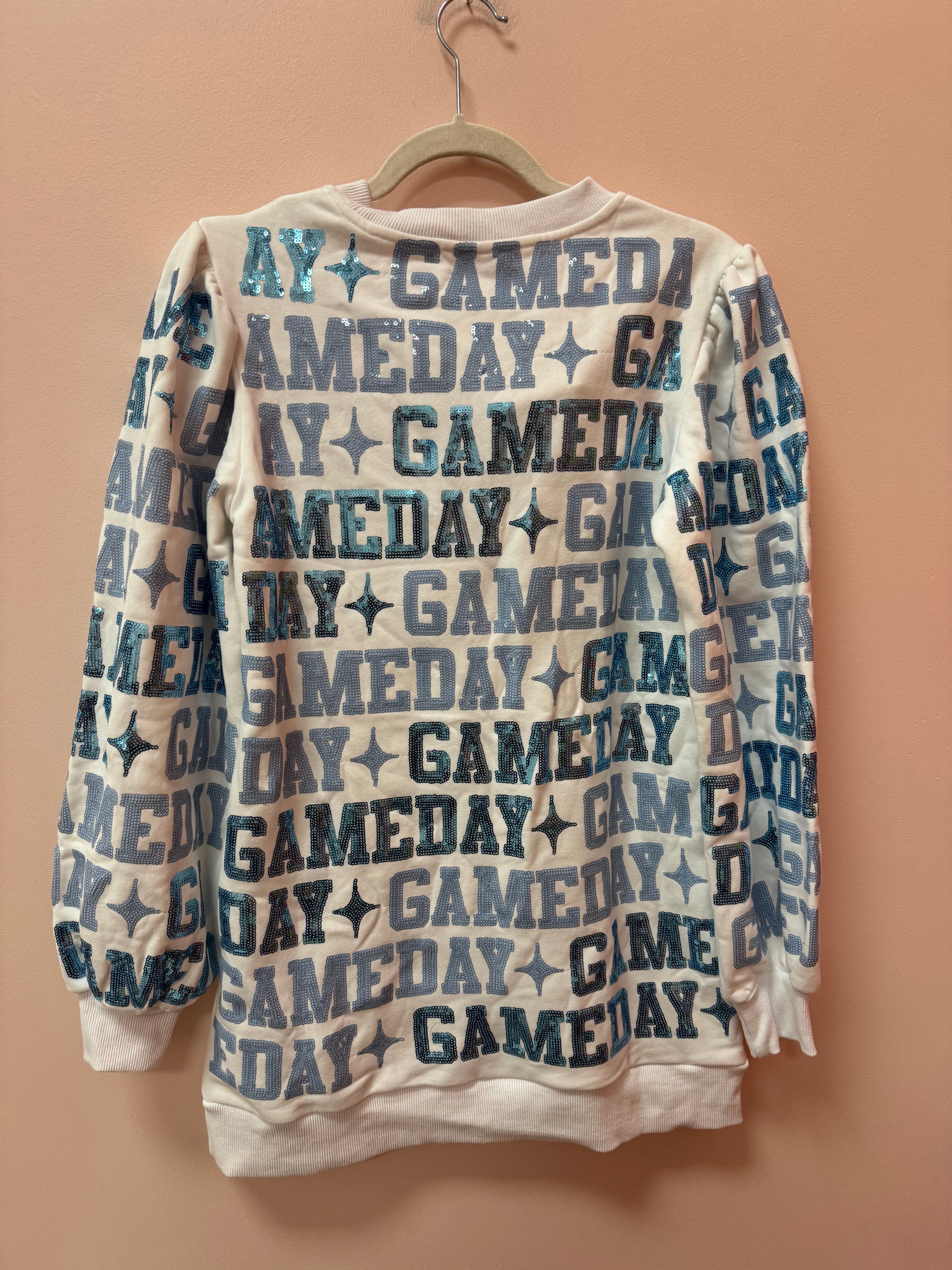 SAMPLE- WHITE & LIGHT BLUE 'GAMEDAY' ALL OVER SWEATSHIRT DRESS