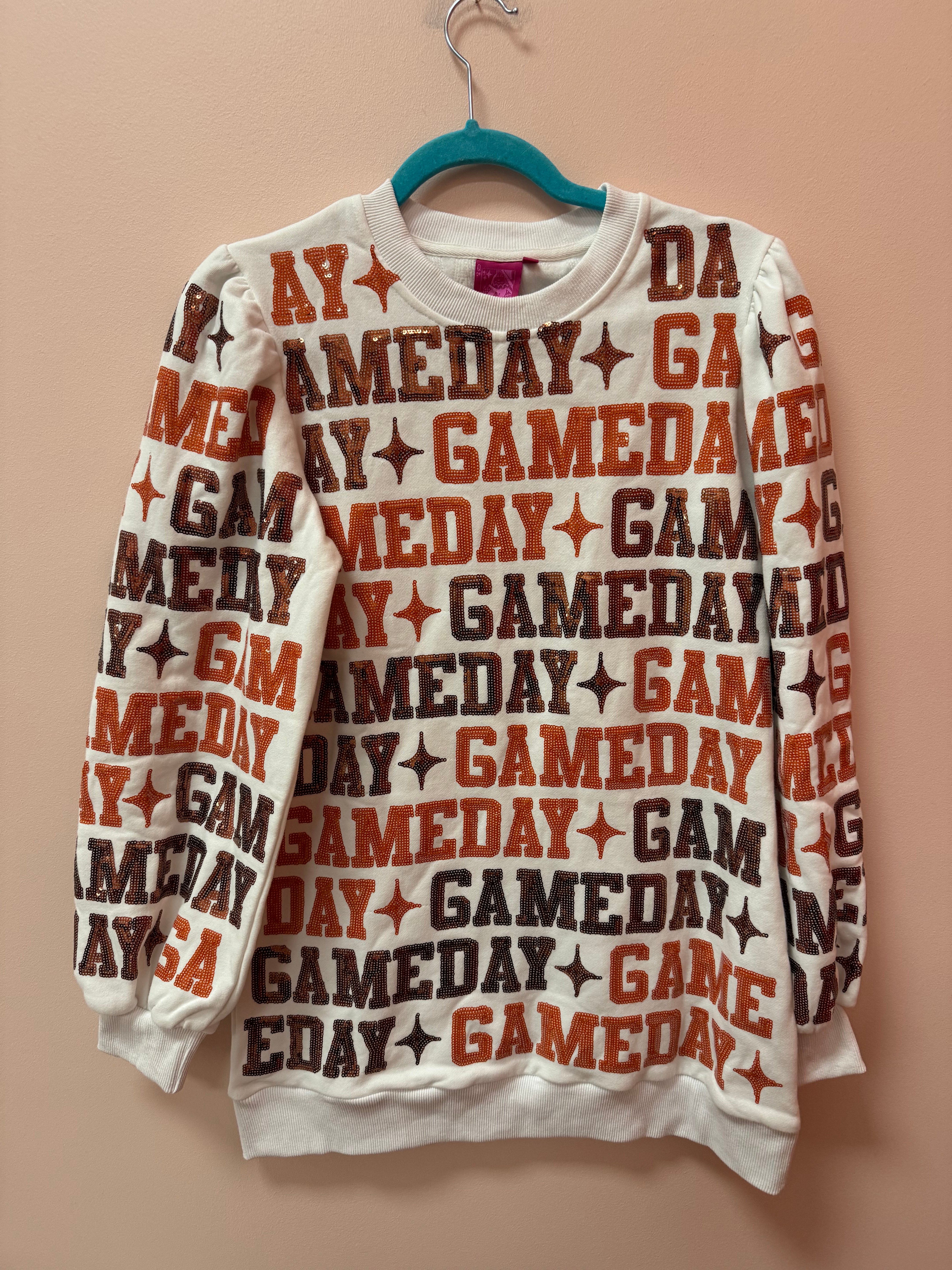 SAMPLE- WHITE & ORANGE 'GAMEDAY' ALL OVER SWEATSHIRT DRESS