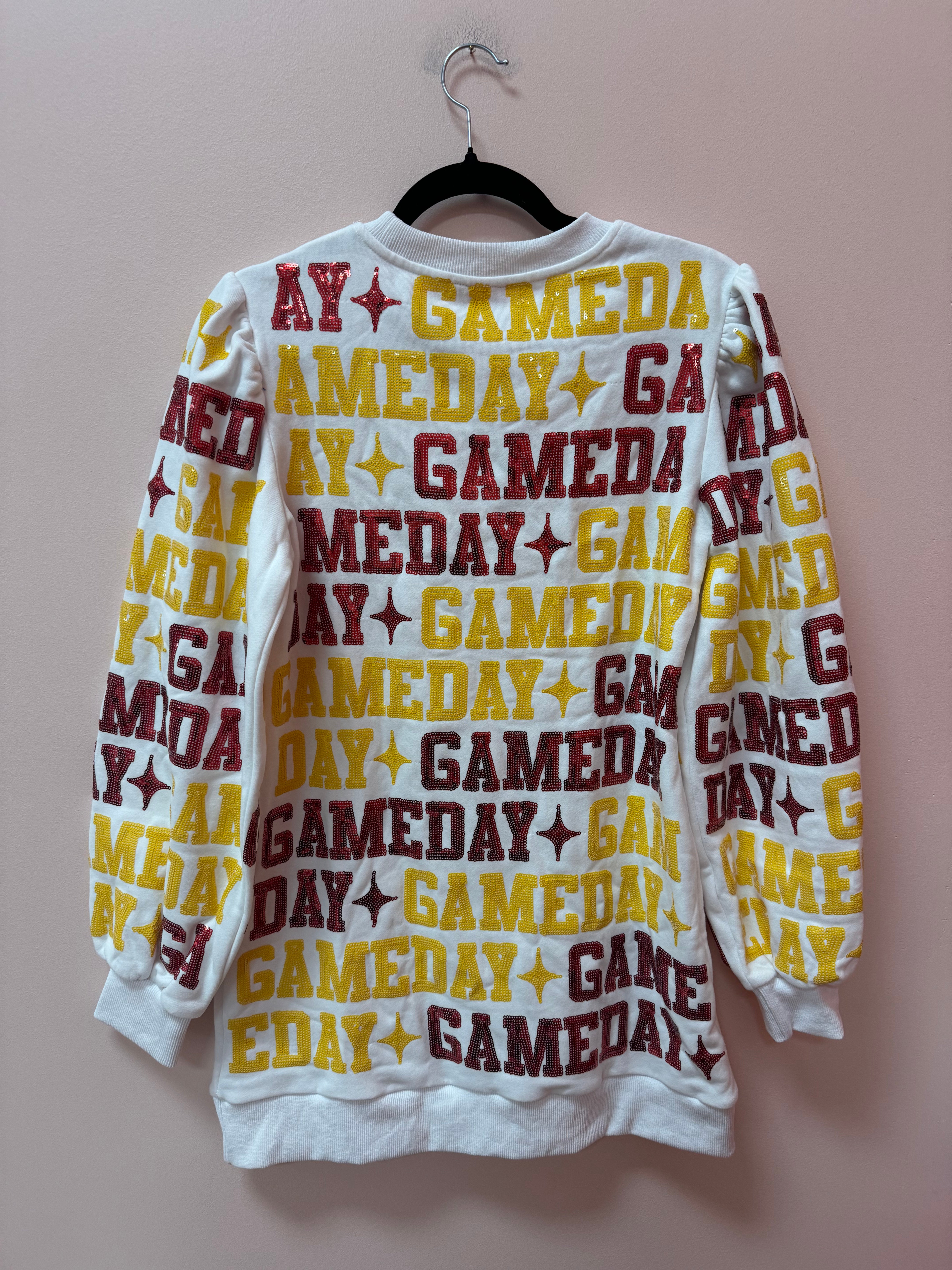 SAMPLE- WHITE, YELLOW & RED 'GAMEDAY' ALL OVER SWEATSHIRT DRESS