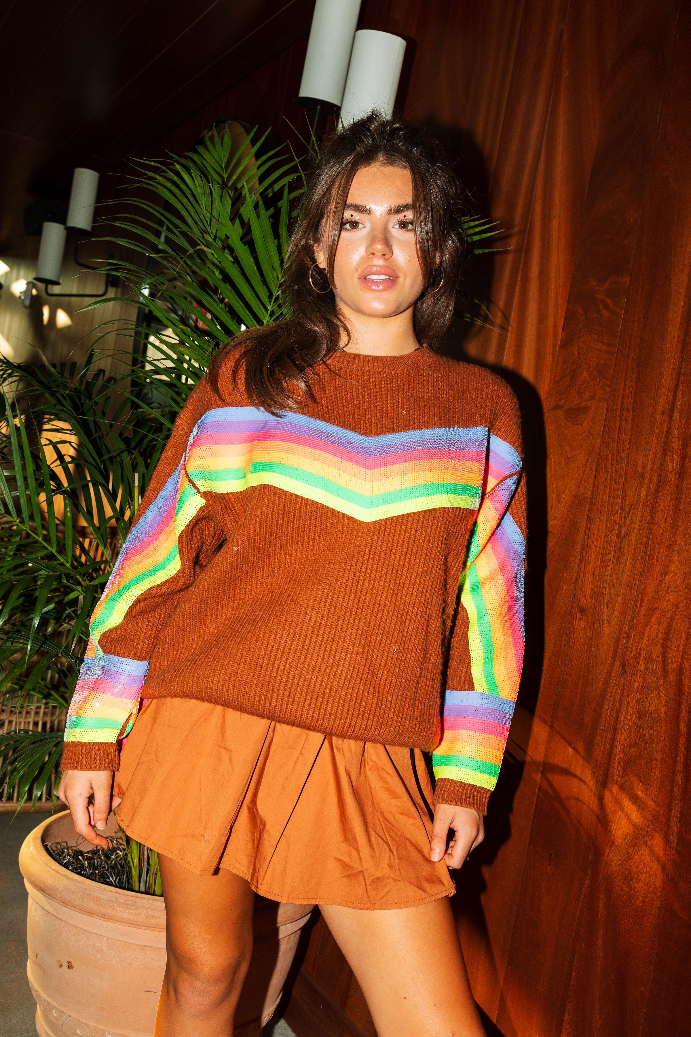Brown Sweater with Neon Sequin Stripe