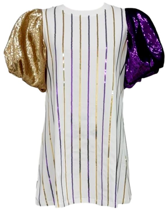 Purple & Gold Stripe Poof Sequin Sleeve Dress