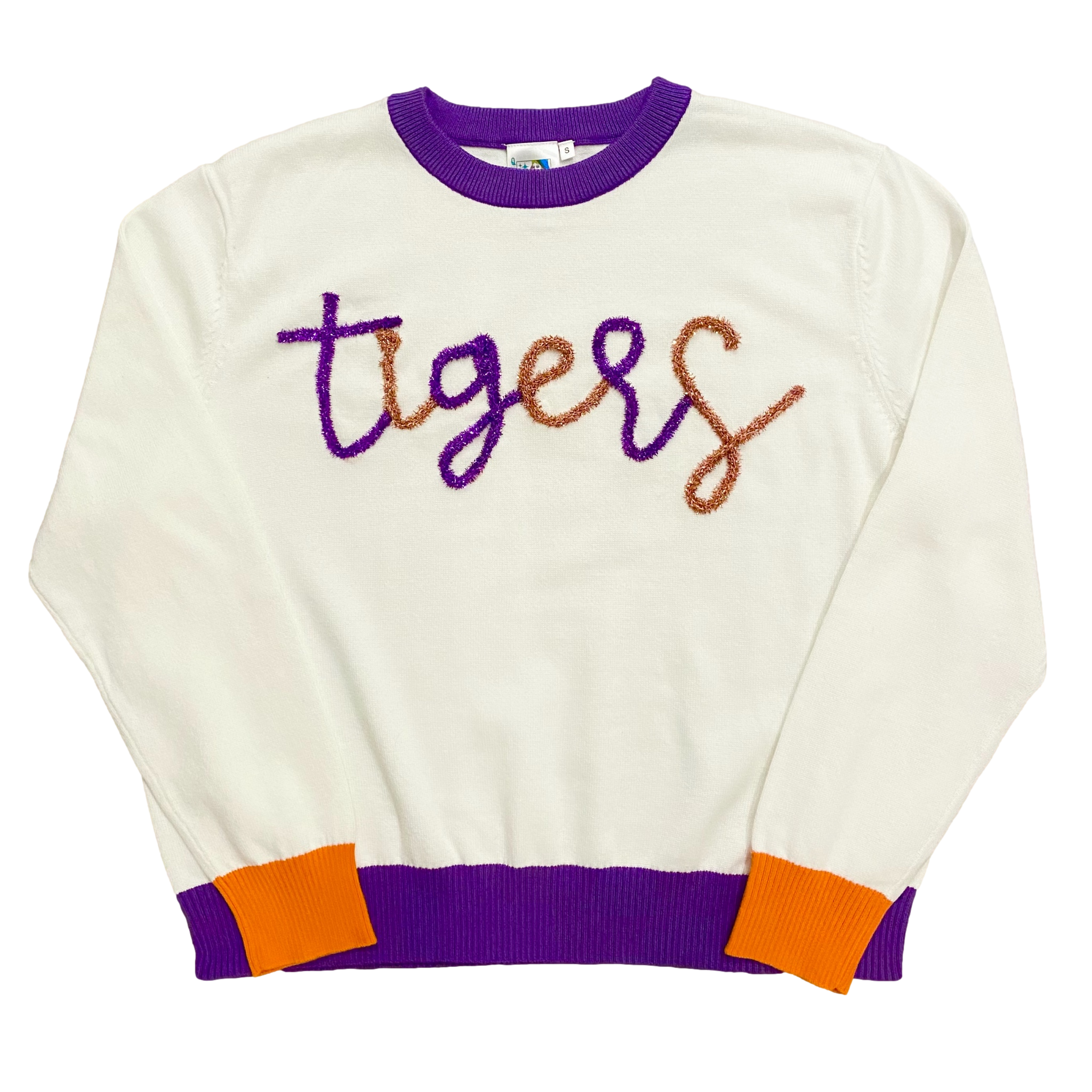 White w/ Purple & Orange "Tigers" LS Sweater - Licensed