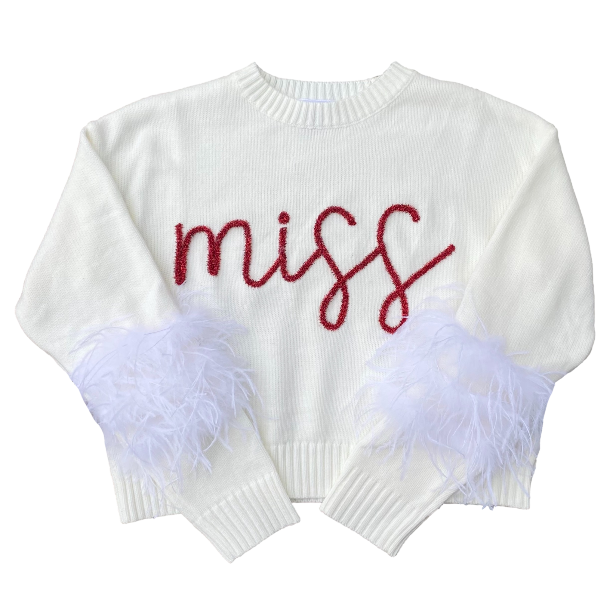 “Miss” Feather Sleeve Sweater