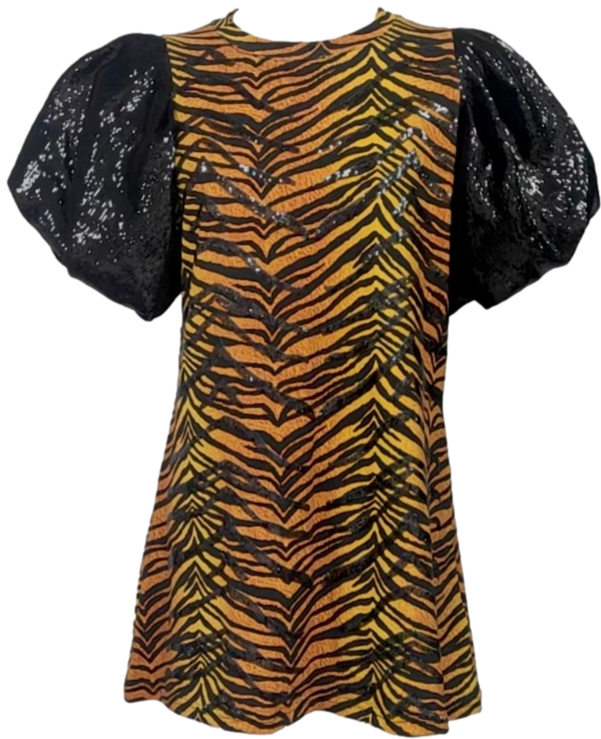 Tiger Print Poof Sequin Sleeve Dress