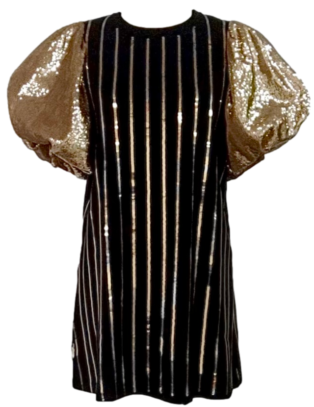 Black & Gold Stripe Poof Sequin Sleeve Dress