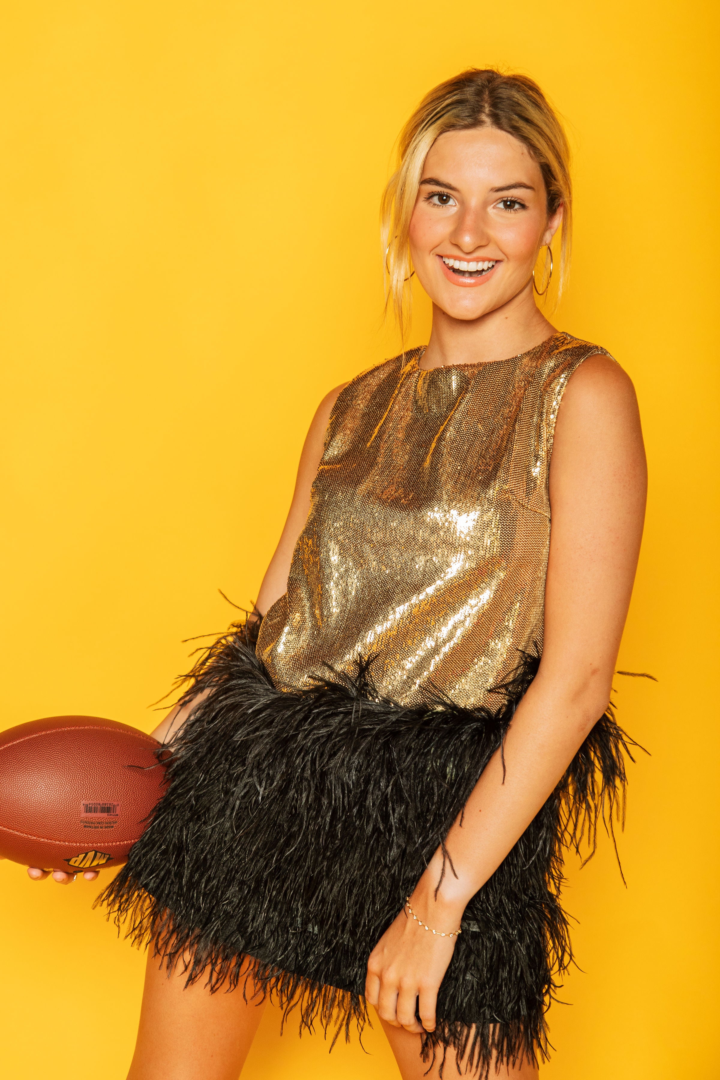 Gold Sequin Tank with Black Feathers