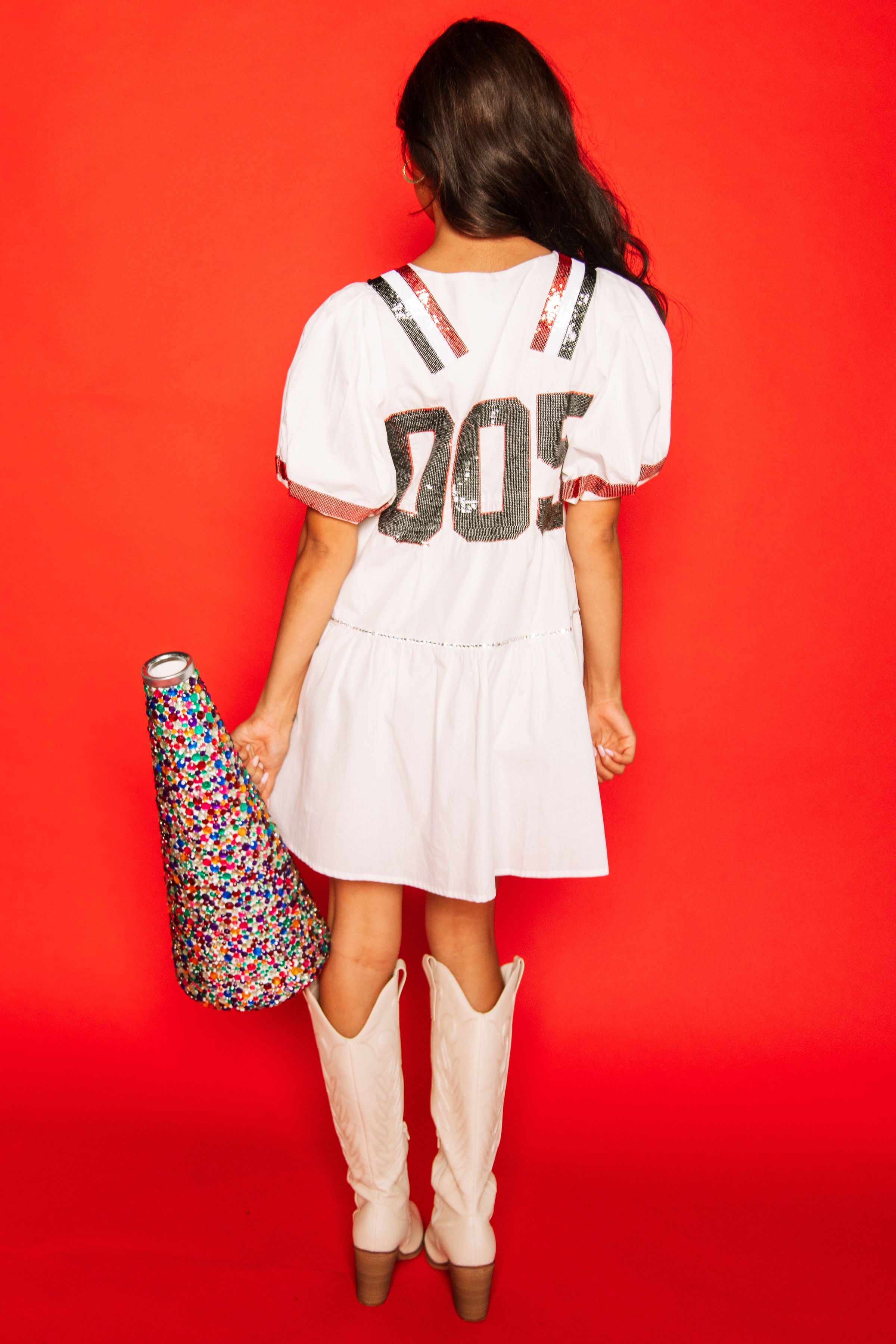 White, Black/Red Poof Sleeve QOS Jersey Dress