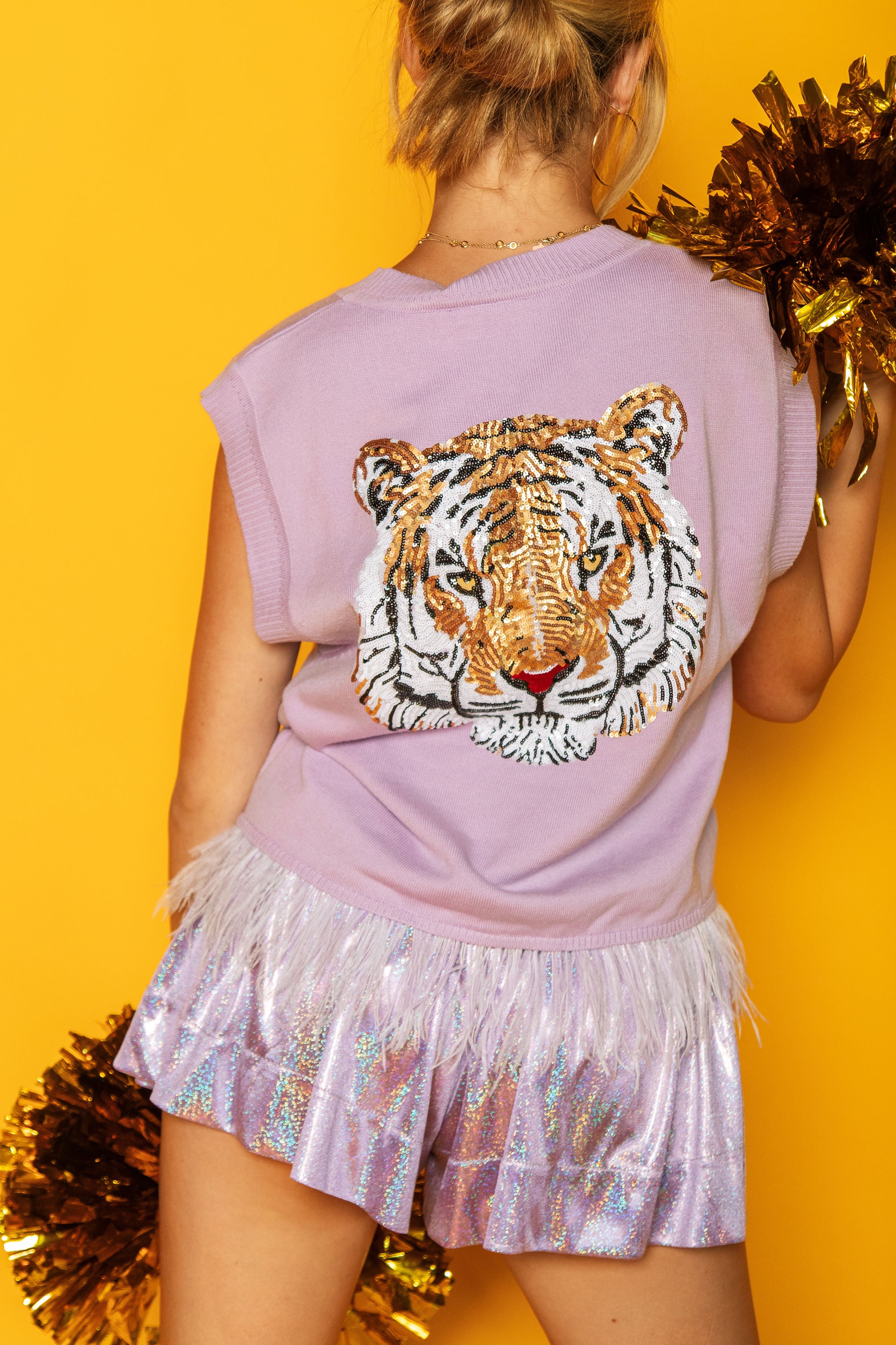 Lavender & Gold Feather Sweater Tank with Tiger