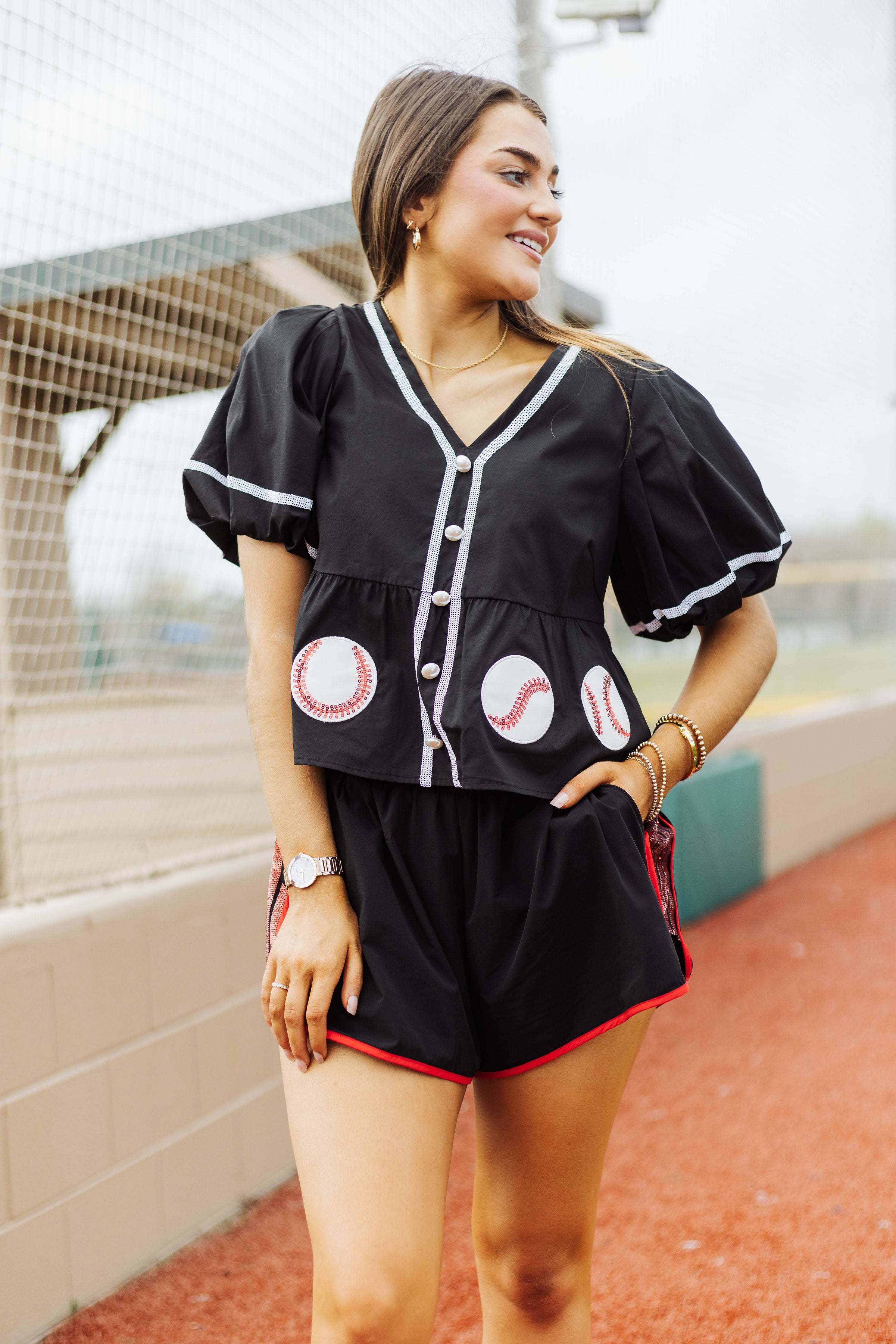 QOS Black Baseball Peplum Top