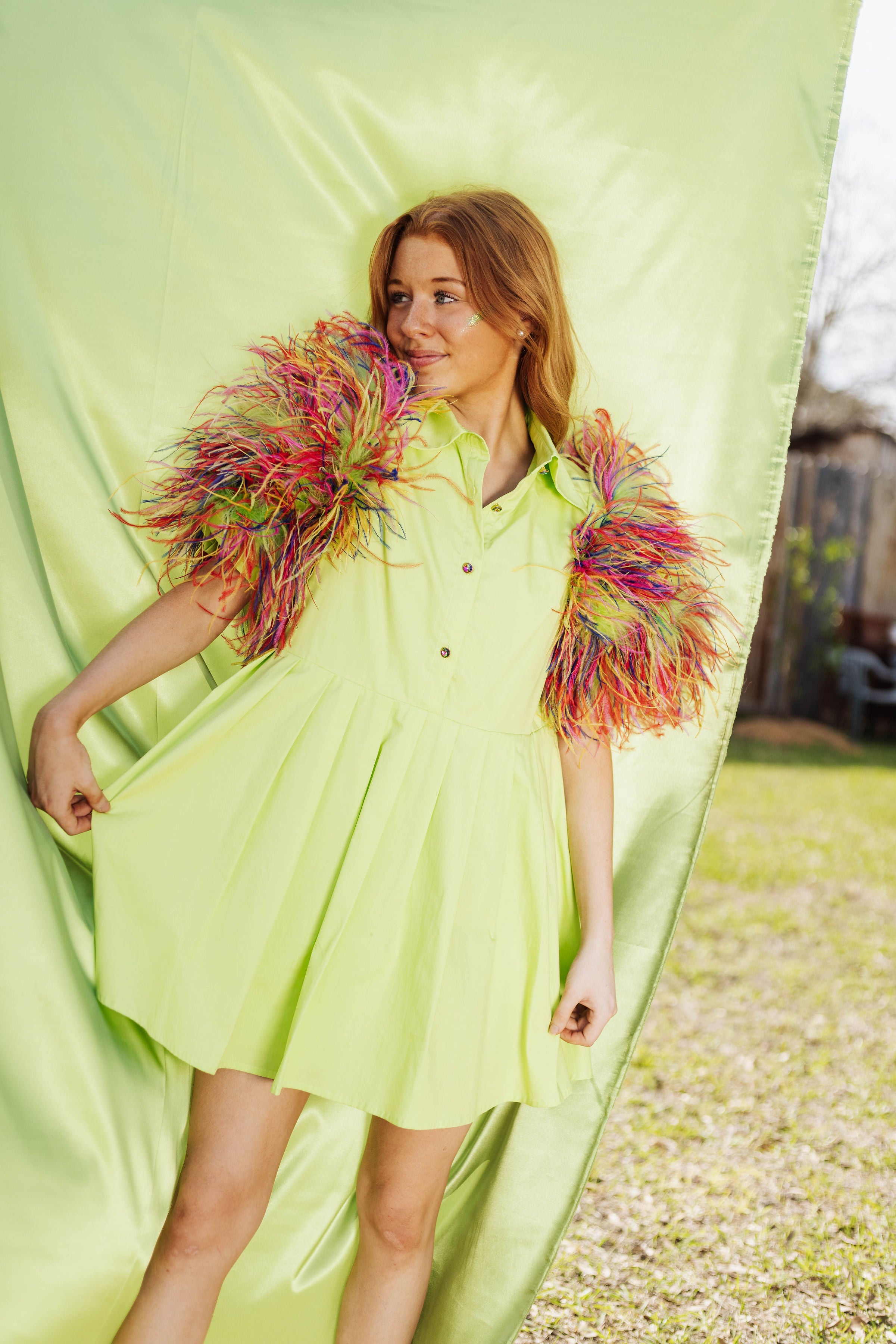 Lime & Rainbow Feather Sleeve Dress